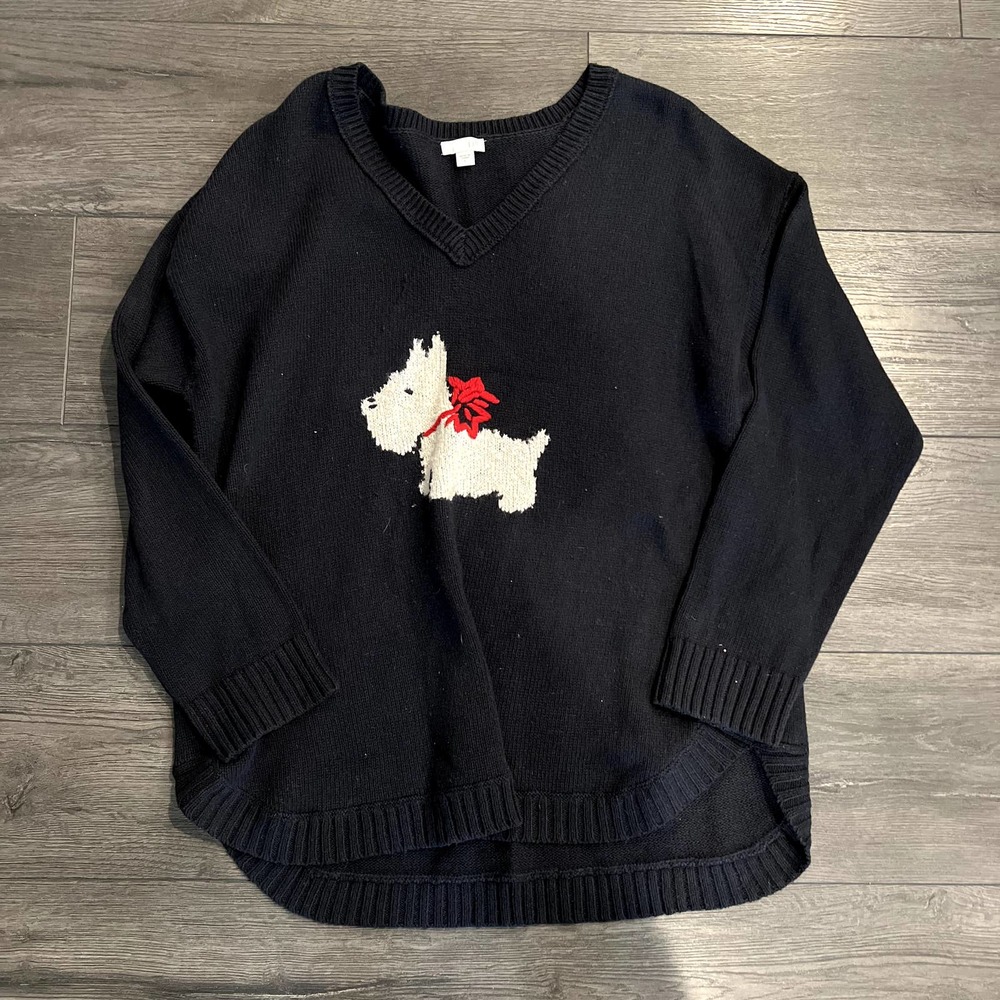 J. Jill Scottish Dog Intarsia Sweater Black Cotton Wool Blend Size Large - Picture 2 of 7